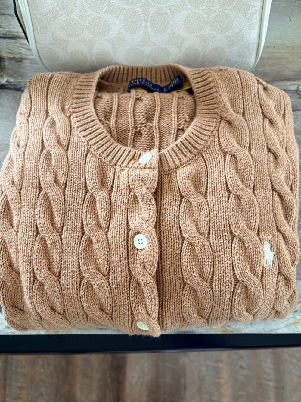 Ralph Lauren Cable Knit Tan Cotton Crewneck Cardigan